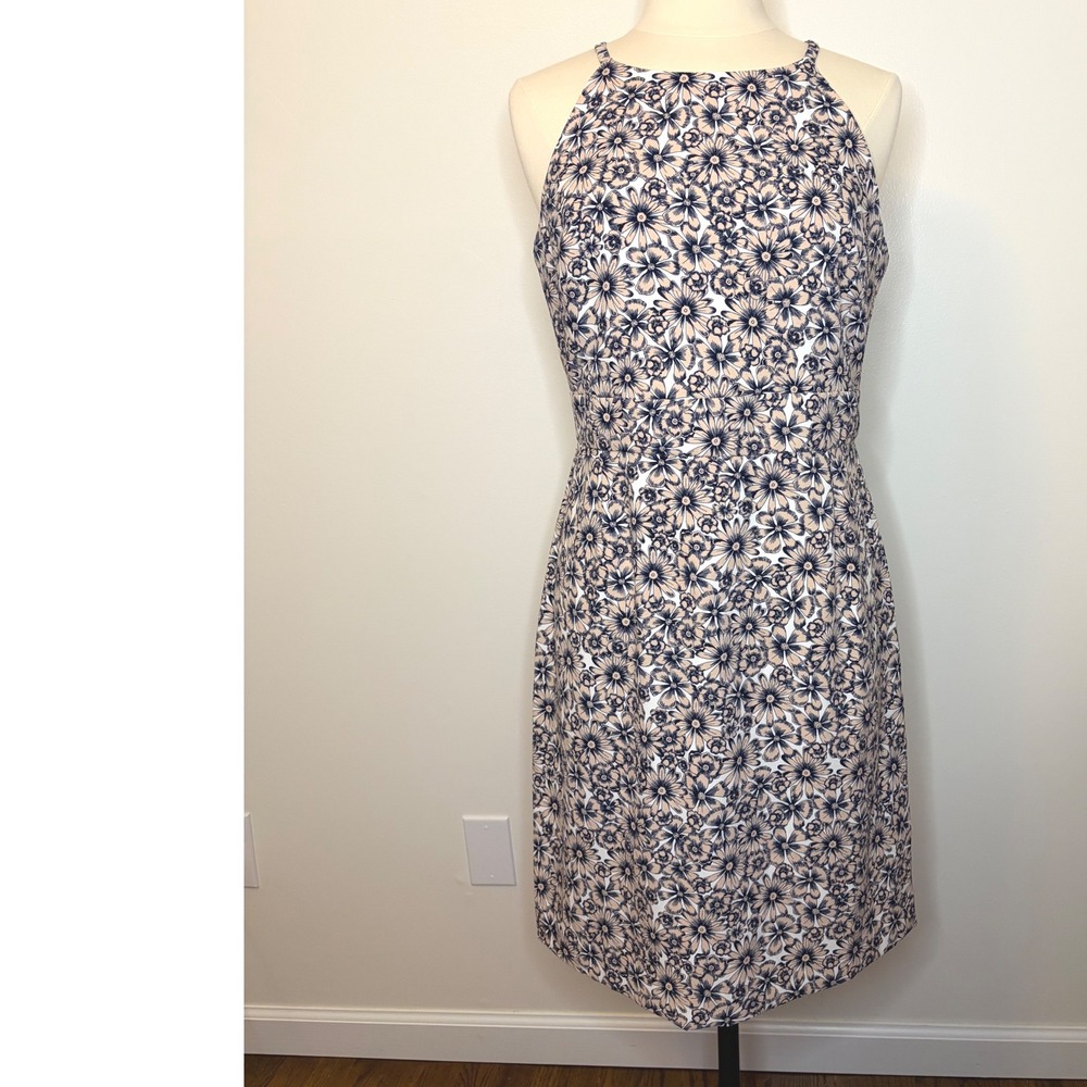Banana Republic Factory Floral Sheath Dress Blue Tan Daisy Halter Neck 14 Petite